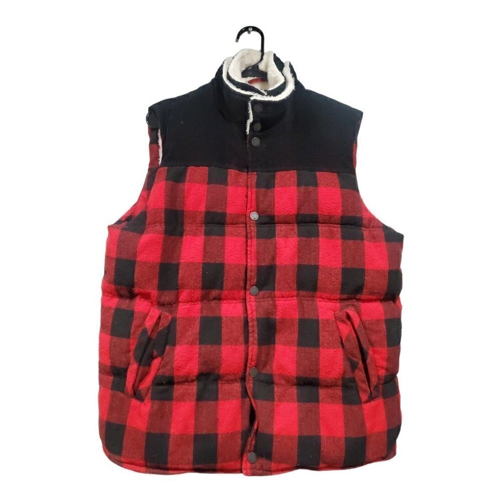 The Normal Brand Red Buffalo Plaid Sherpa Lined Full-Zip Pockets Thick Warm Vest